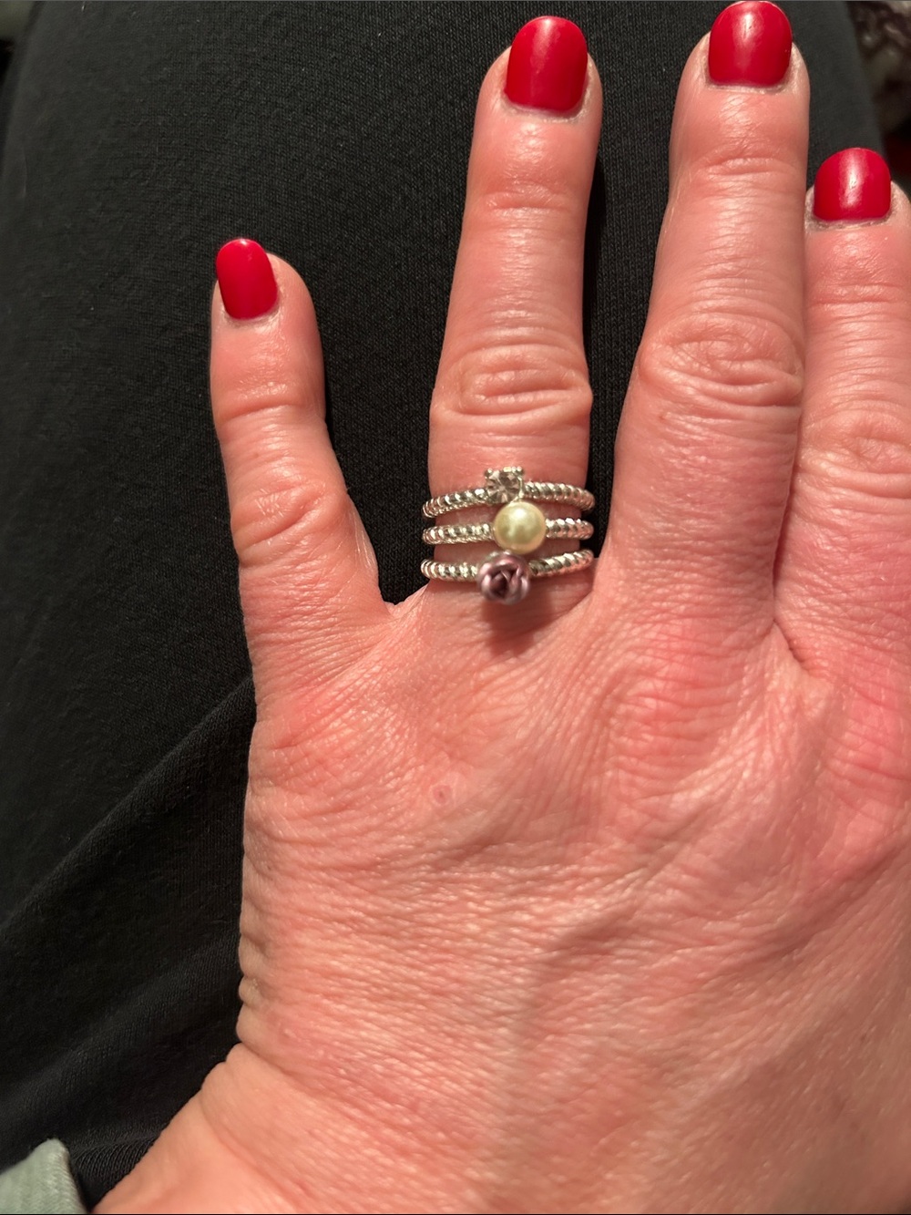 Sterling Silver Stackable Pearl & Bead Ring - White and Pink